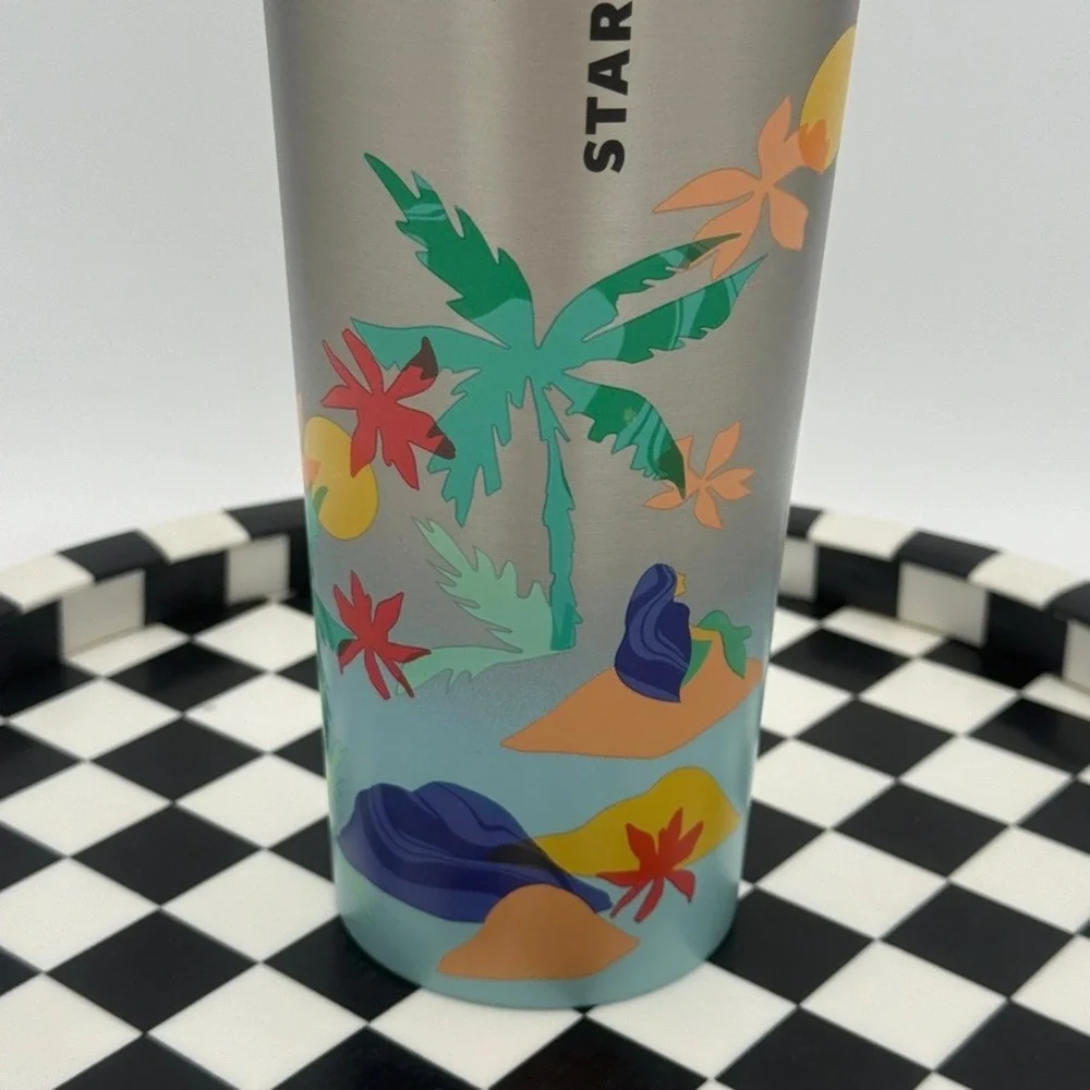 Starbucks Tumbler Unisex 24oz Silver Blue Excellent Tropical Island‎ Palm Tree
